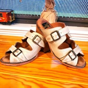 Freebird by Steven Beige Leather Buckle Mules